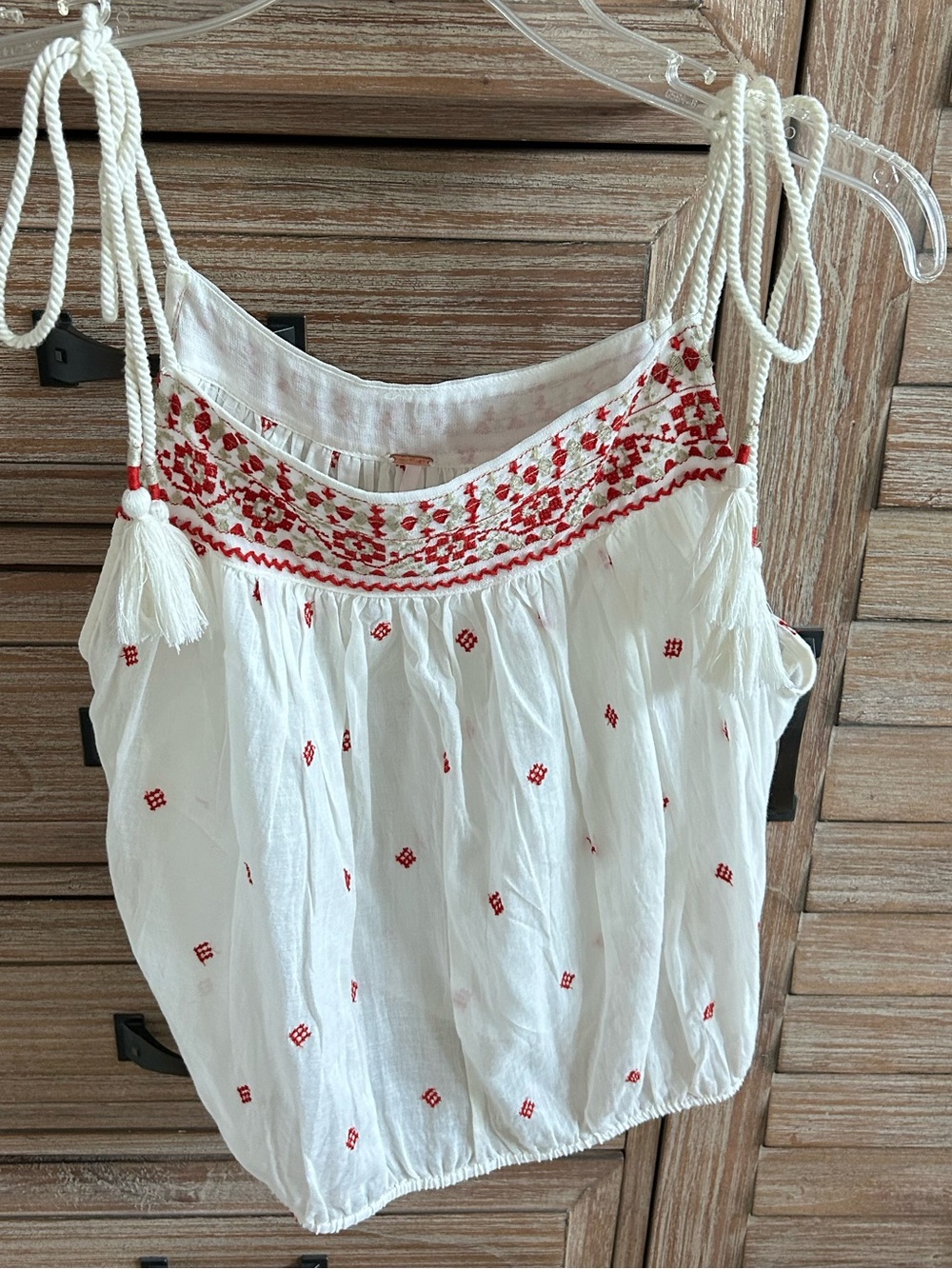 Free People  Women’s White Embroidered Tie-Shoulder Top - Red Accents